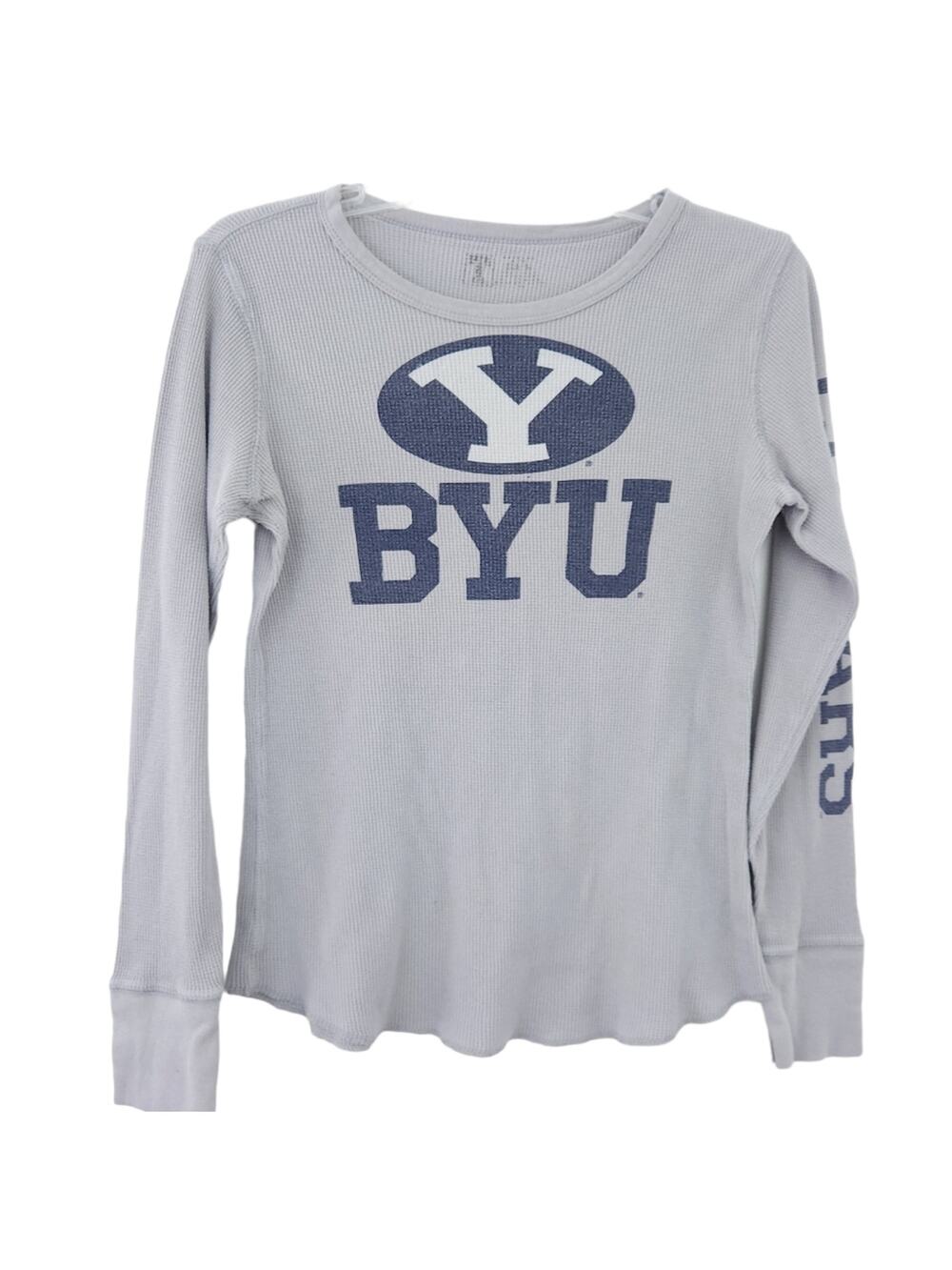 BYU Brigham Young University Waffle Knit Long Sleeve Shirt Gray Blue Est Medium